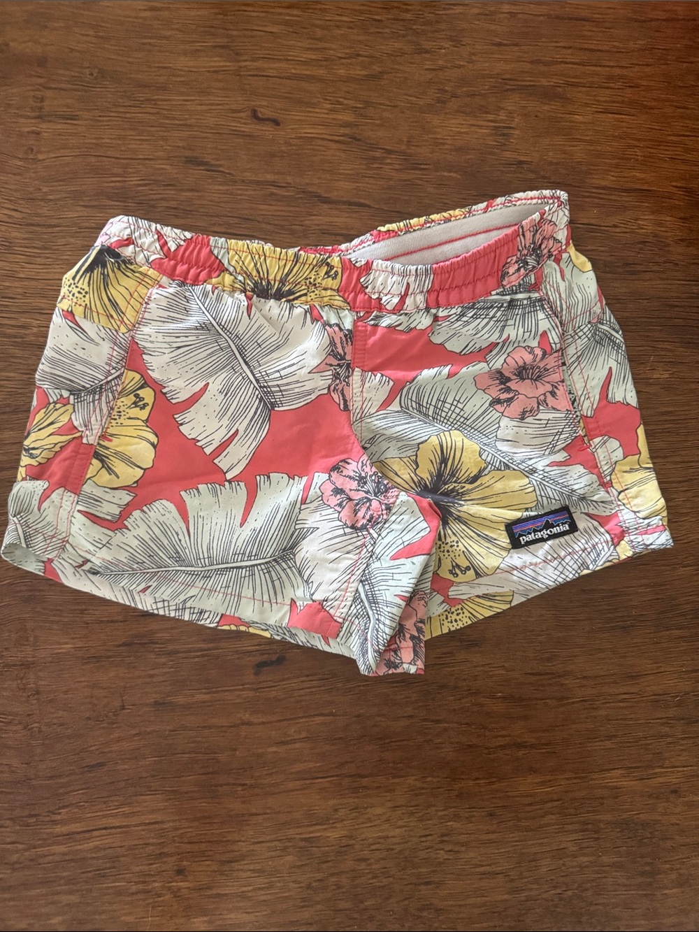 Patagonia Coral Floral Kids' Shorts with Yellow and White Leaves